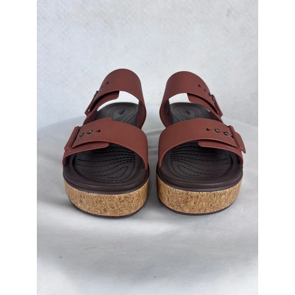 Crocs Literide Buckle Slide Sandals Wedge Platform Cork Brown Women's 9 Comfort